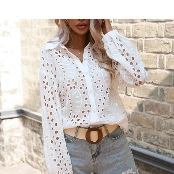 Boho Oversized Floral Sheer Eyelet Embroidered Lace Button Down Shirt Top Blouse - Picture 5 of 6